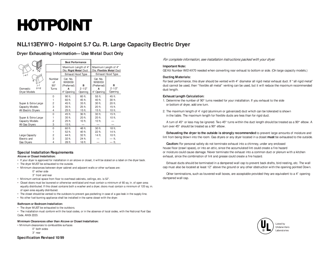 Hotpoint NLL113EYWO Special Installation Requirements, Important Note, Ducting Materials, Exhaust Length Calculation 