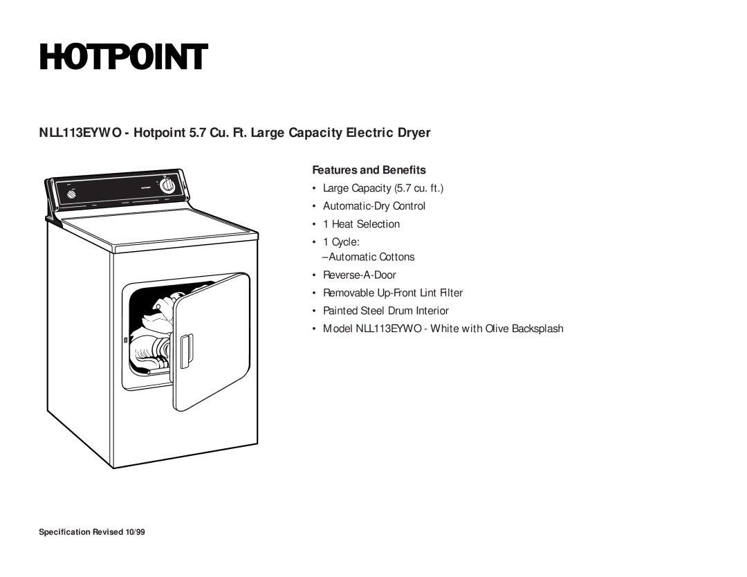 Hotpoint NLL113EYWO dimensions Features and Benefits 