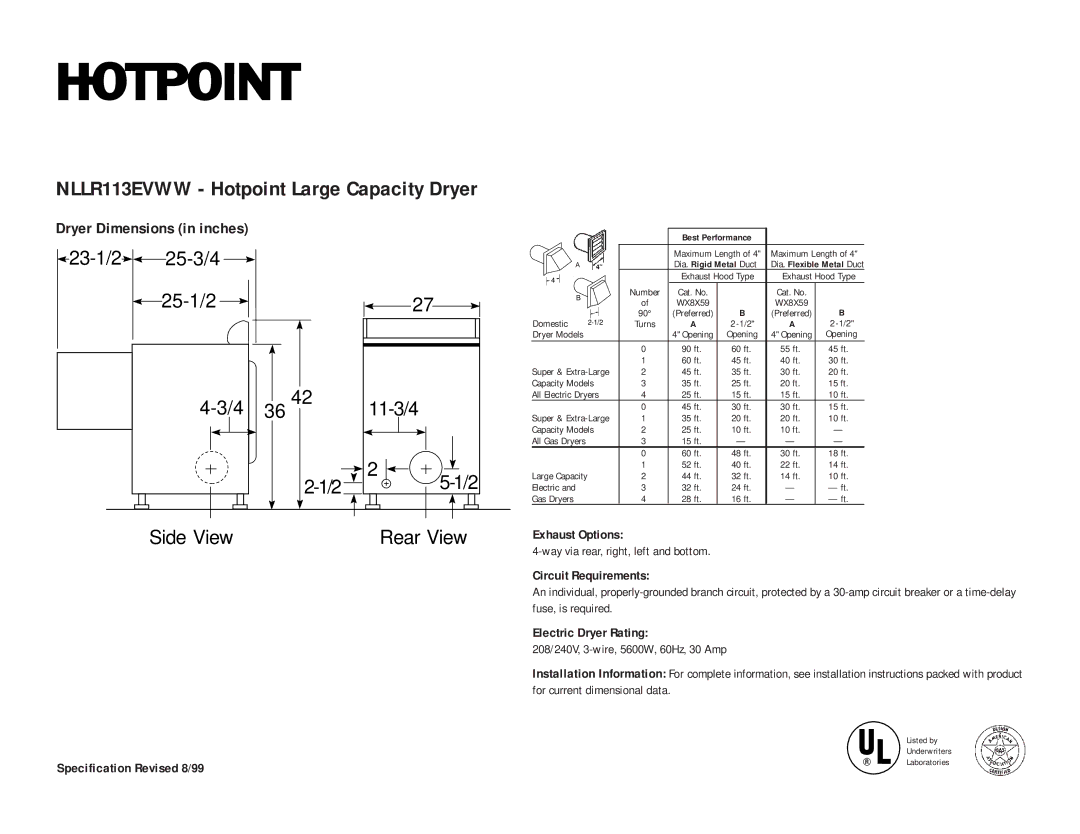 Hotpoint dimensions NLLR113EVWW Hotpoint Large Capacity Dryer, 36 4 Side View Rear View 