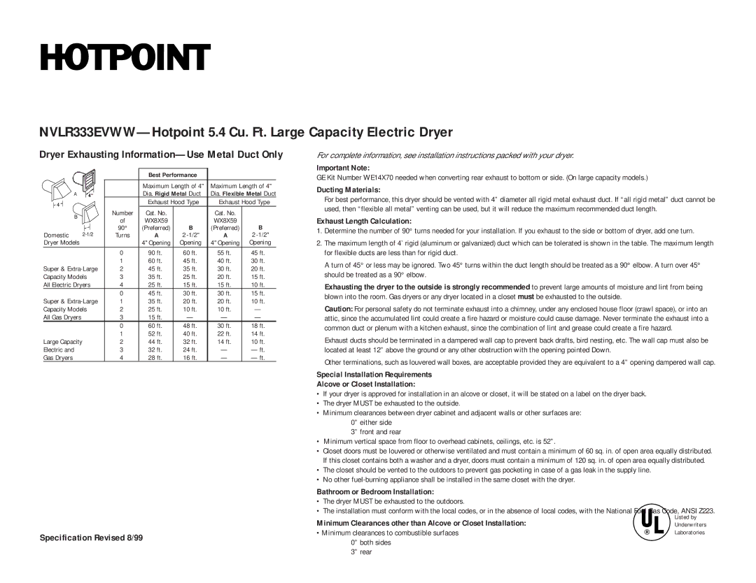 Hotpoint NVLR333EVWW Important Note, Ducting Materials, Exhaust Length Calculation, Bathroom or Bedroom Installation 