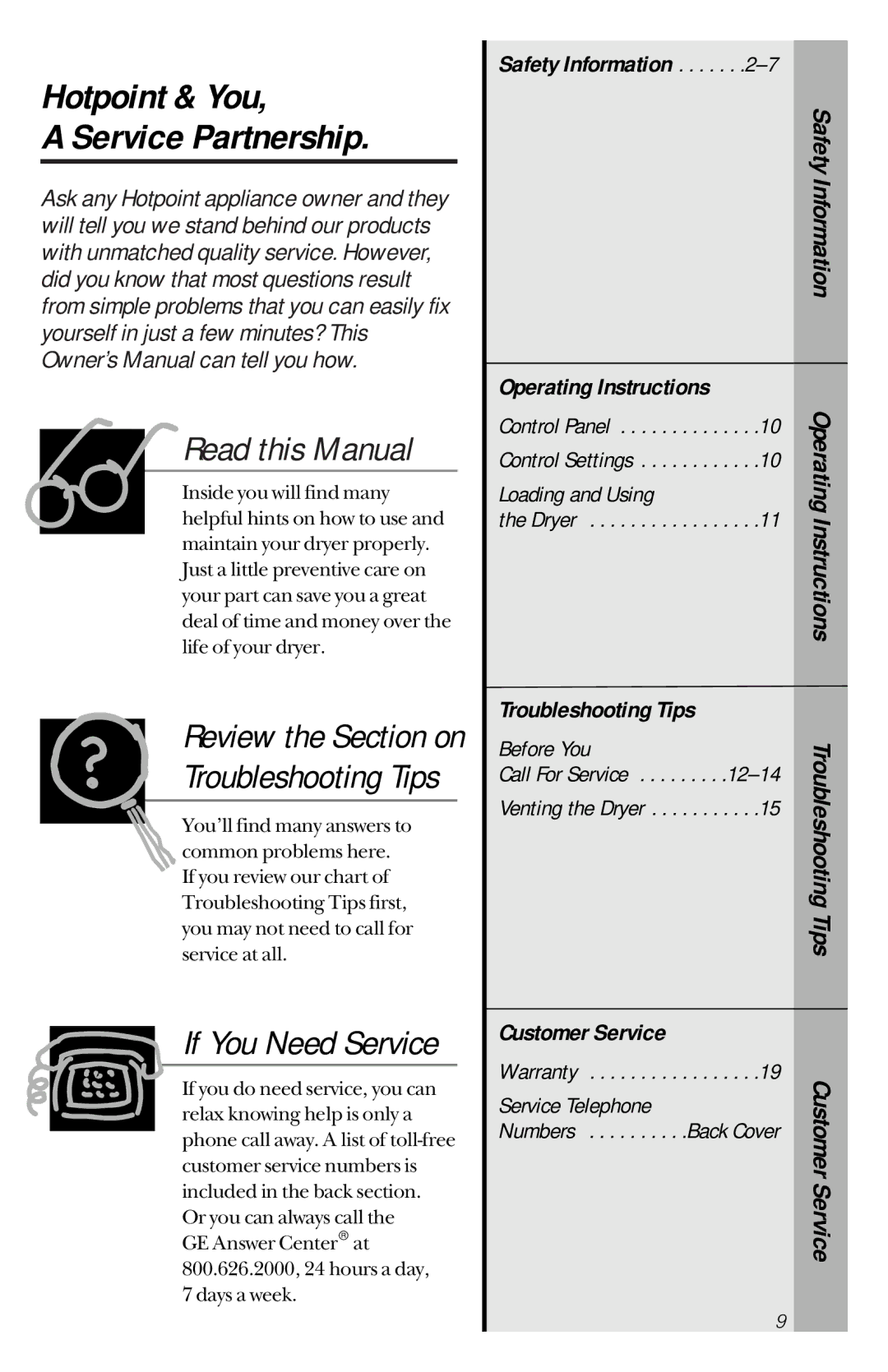 Hotpoint NVLR333ET Hotpoint & You Service Partnership, Safety Information, Operating Instructions, Troubleshooting Tips 