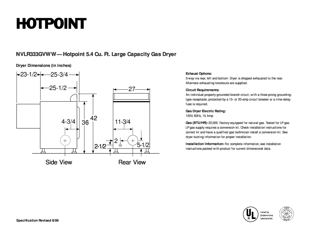 Hotpoint NVLR333GVAA dimensions 4-3/4, 2-1/2, Side View, Rear View, 25-3/4, 25-1/2, Dryer Dimensions in inches 