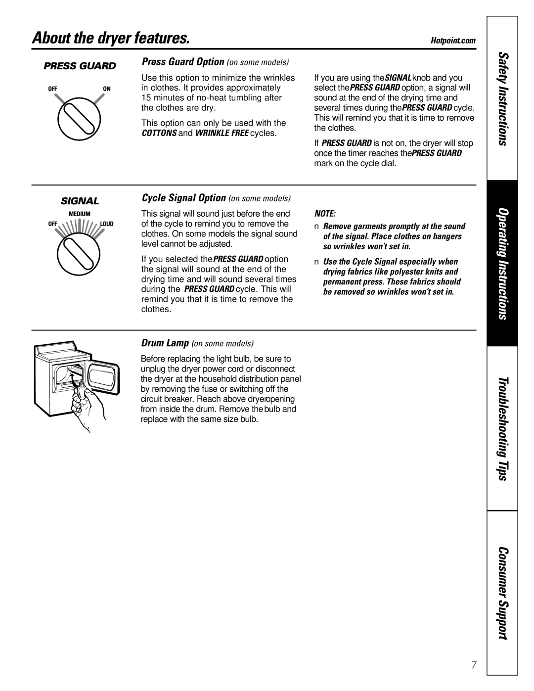 Hotpoint NBXR463, NWSR483 About the dryer features, Press Guard Option on some models, Cycle Signal Option on some models 