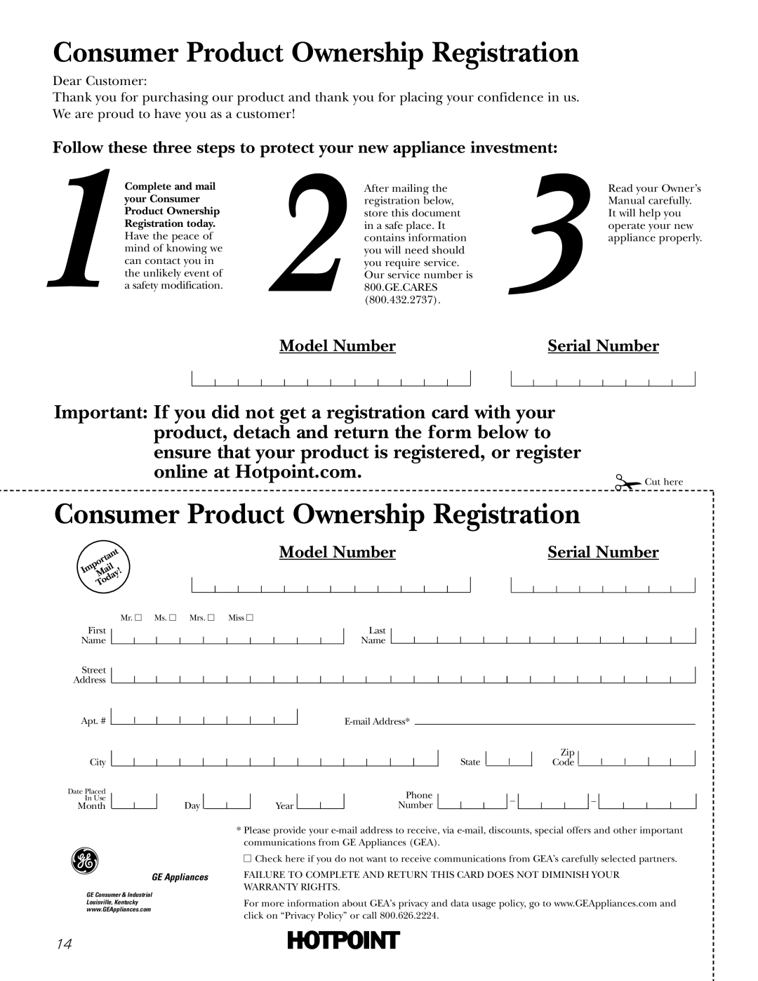 Hotpoint NWSR483, NVLR333 owner manual Consumer Product Ownership Registration 