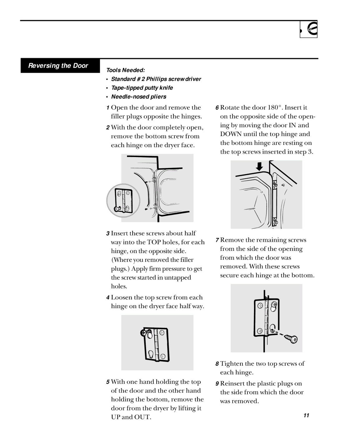 Hotpoint NWSR473, NWXR473 operating instructions Reversing the Door 