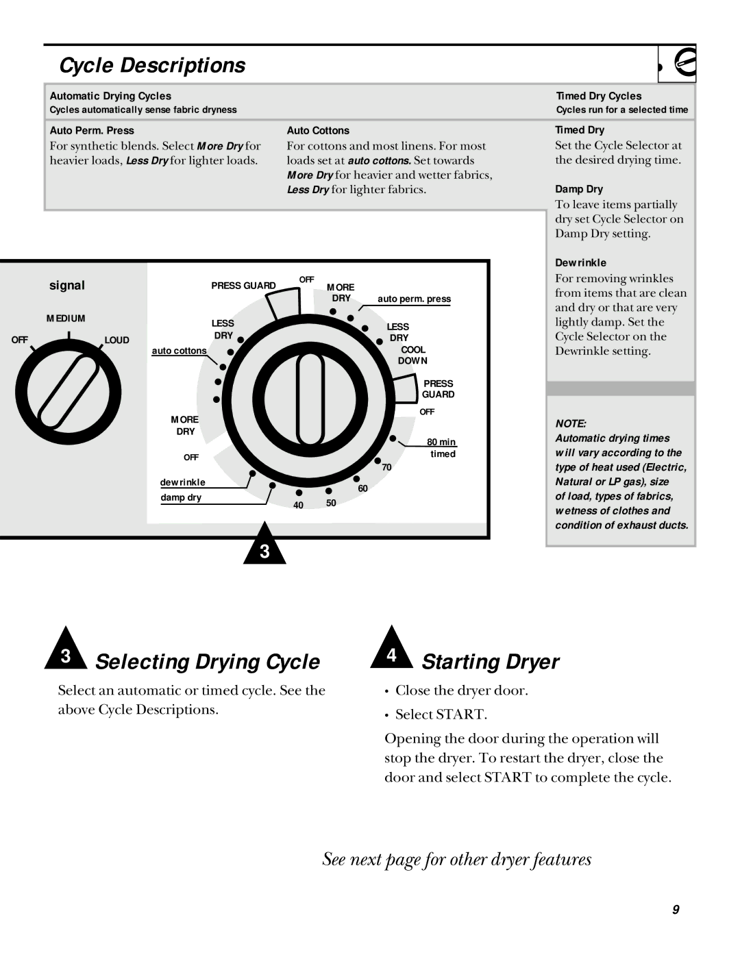 Hotpoint NWSR473, NWXR473 operating instructions Selecting Drying Cycle 