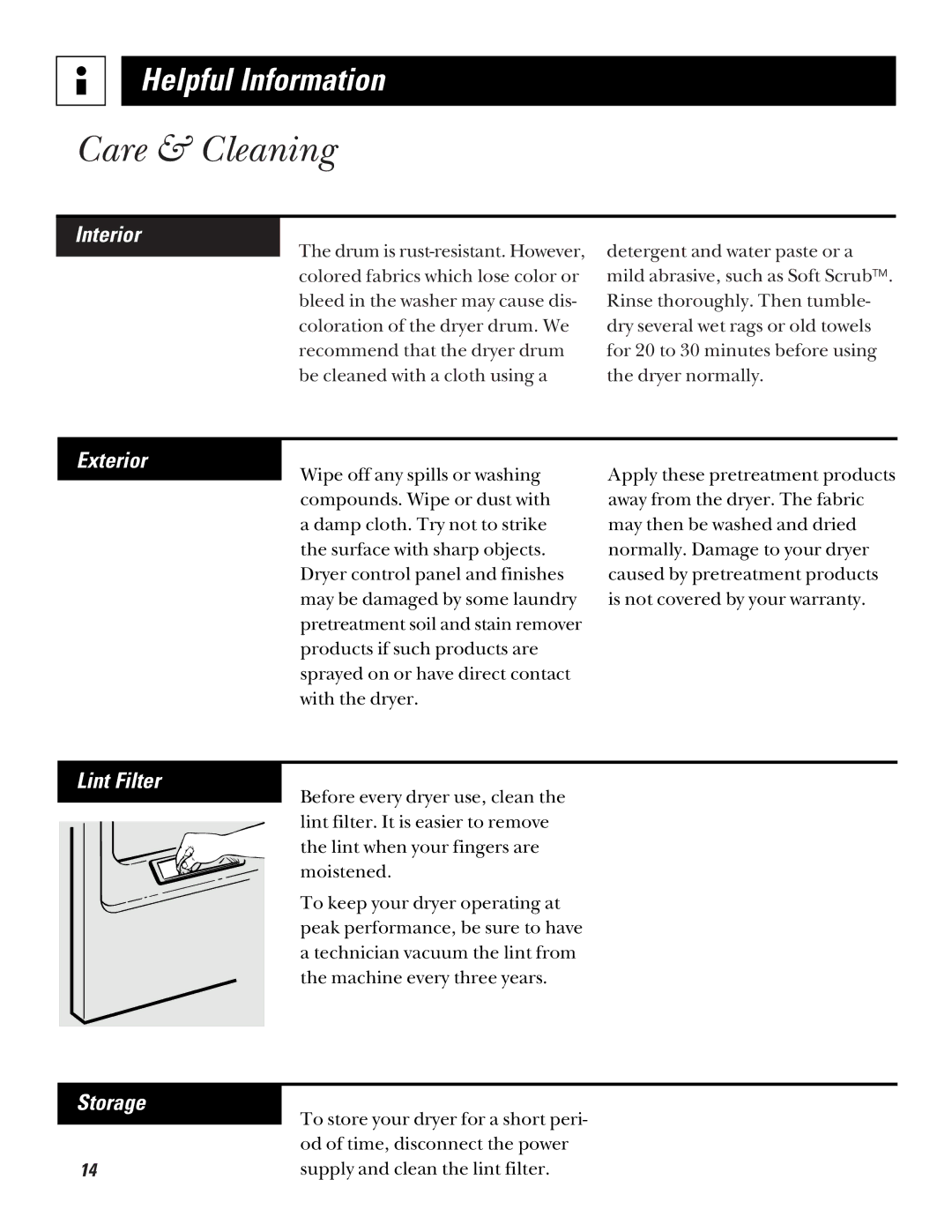 Hotpoint NWXR473 operating instructions Care & Cleaning, Interior, Exterior, Lint Filter, Storage 