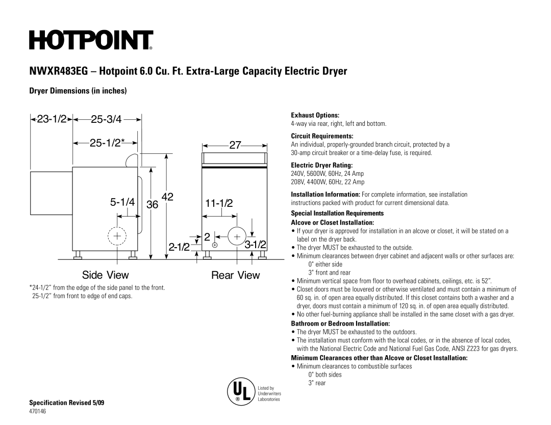 Hotpoint NWXR483EG dimensions Specification Revised 5/09, Exhaust Options, Circuit Requirements 