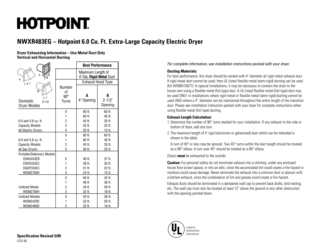 Hotpoint NWXR483EG dimensions Ducting Materials, Exhaust Length Calculation 