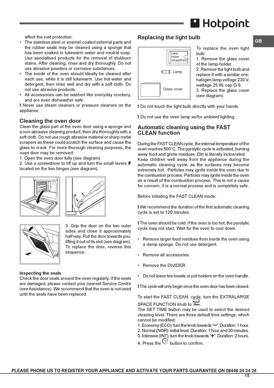 Hotpoint OS897D P/HP S Cleaning the oven door, Automatic cleaning using the Fast Clean function, Inspecting the seals 