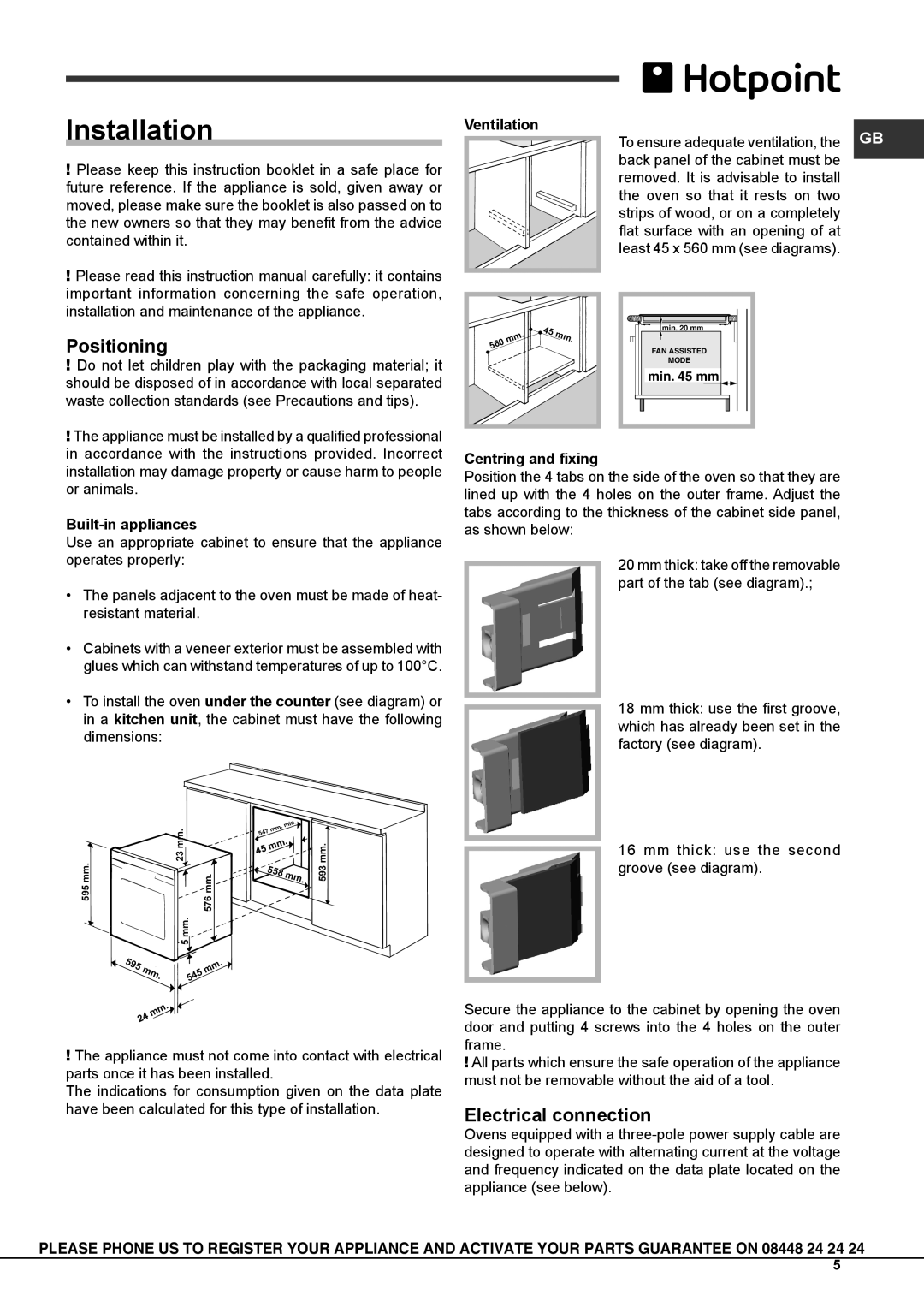 Hotpoint OS897D P/HP S manual Installation, Positioning, Electrical connection, Built-in appliances, Centring and fixing 