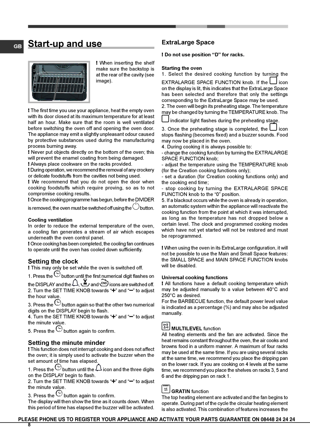 Hotpoint OS 8970D P IX/HP S manual GB Start-up and use, Setting the clock, Setting the minute minder, ExtraLarge Space 