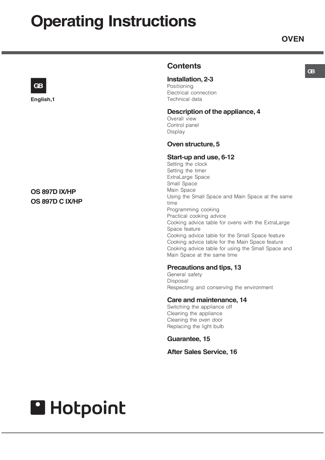 Hotpoint OS 897D IX/HP, OS 897D C IX/HP manual Operating Instructions, Oven 