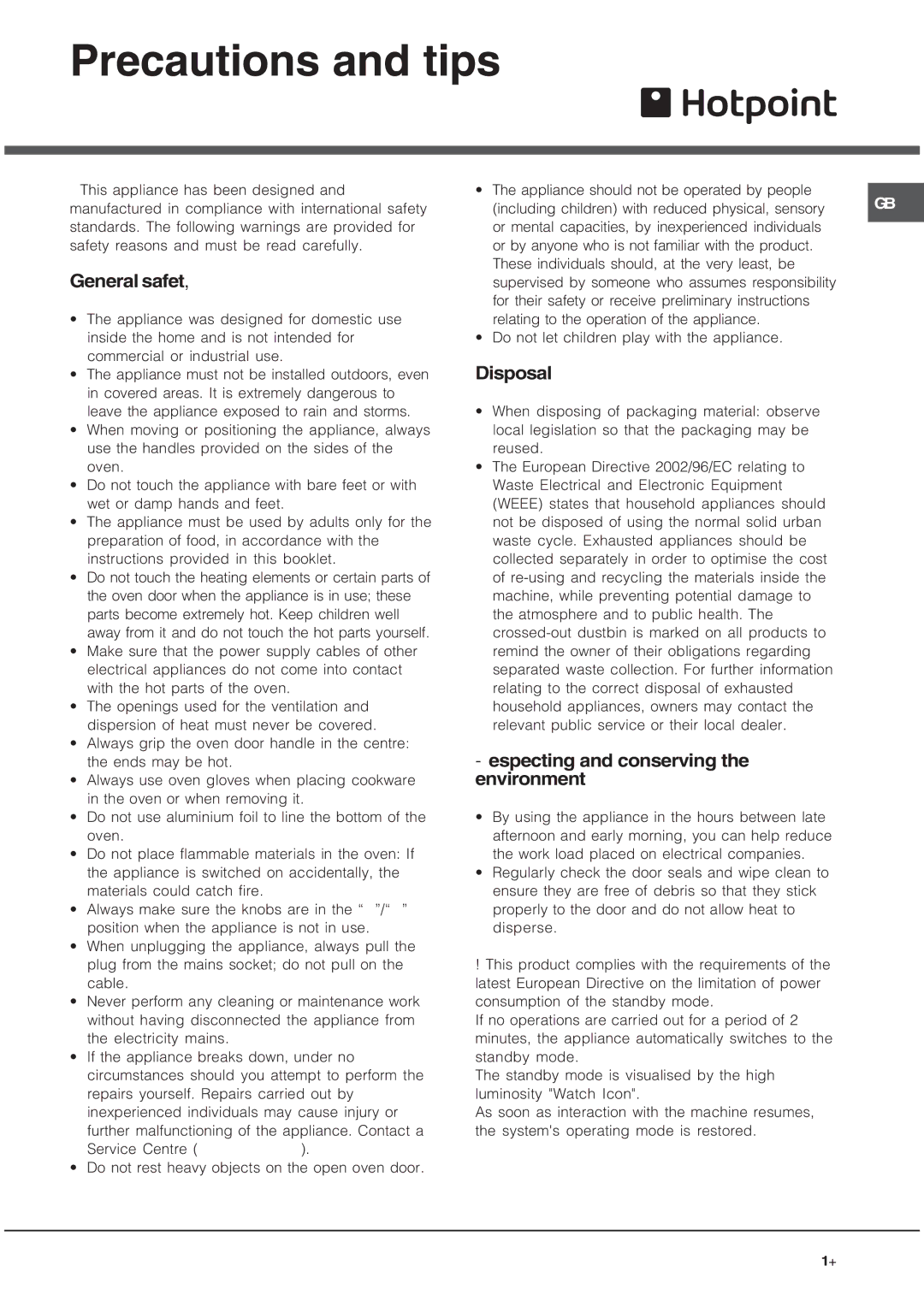 Hotpoint OS 897D IX/HP manual Precautions and tips, General safety, Disposal, Respecting and conserving the environment 