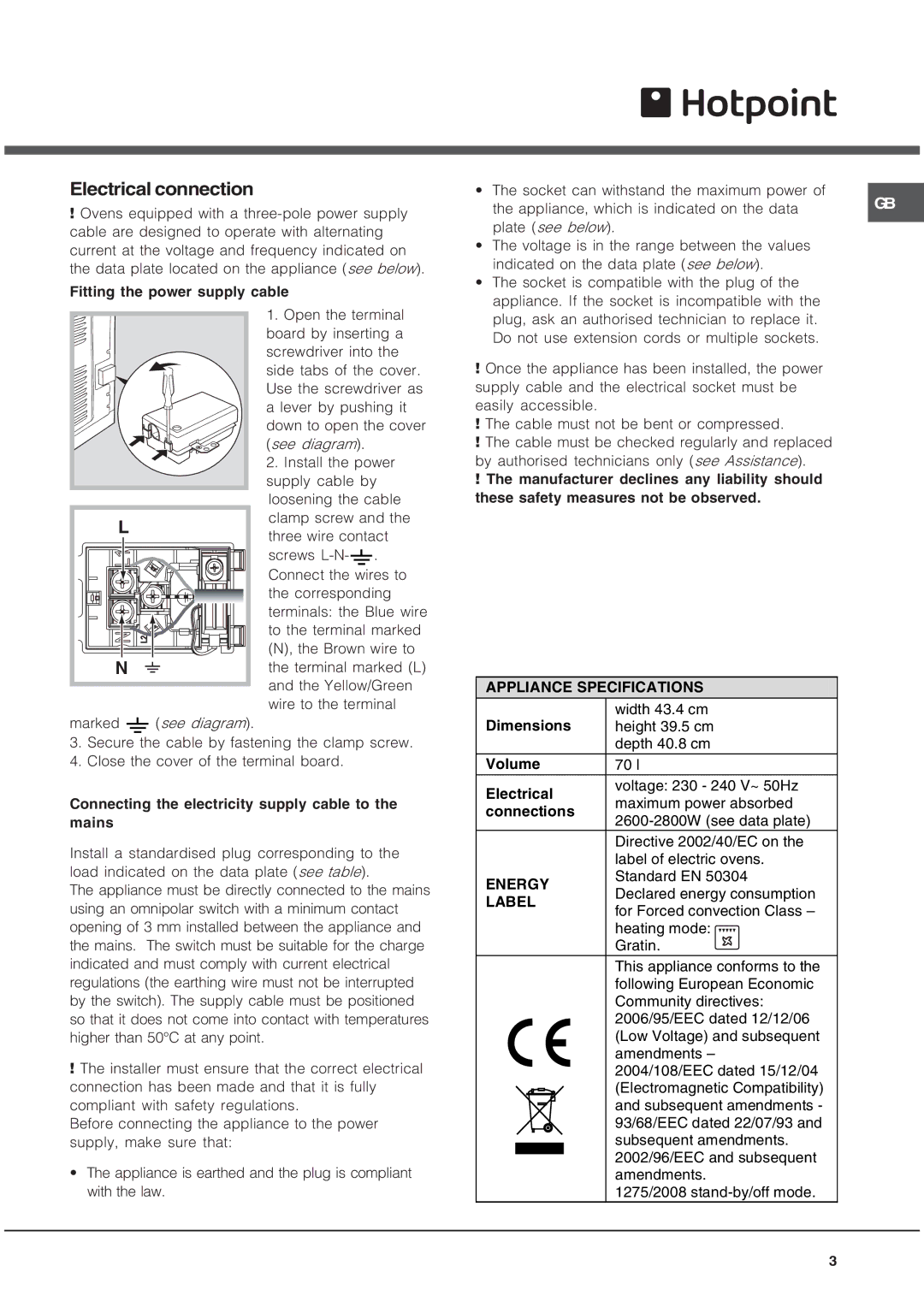 Hotpoint OS 897D IX/HP, OS 897D C IX/HP manual Electrical connection, Appliance Specifications 