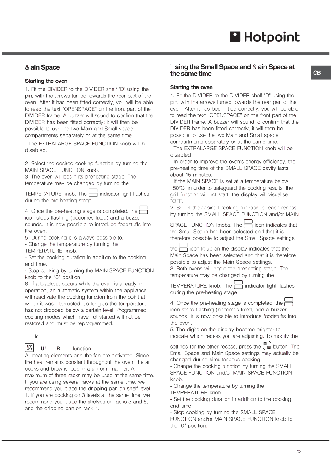 Hotpoint OS 897D IX/HP, OS 897D C IX/HP manual Using the Small Space and Main Space at Same time 