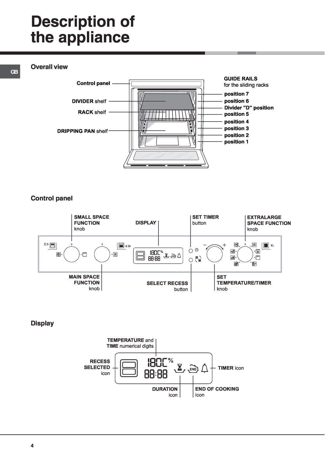 Hotpoint OS 897D C IX/HP manual Description of the appliance, Overall view, Control panel, Display, Guide Rails, position 