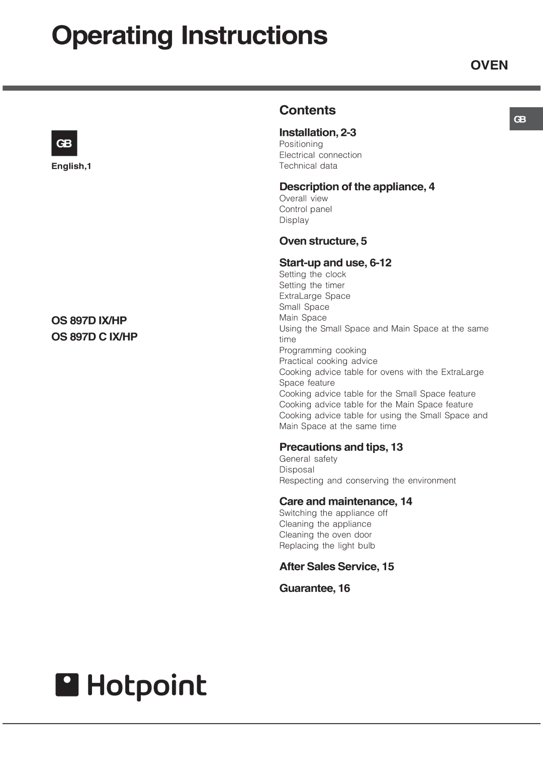 Hotpoint OS 897D C IX, OS 897D HP, OS 897D IX, OS 897D C HP manual Operating Instructions, Oven 