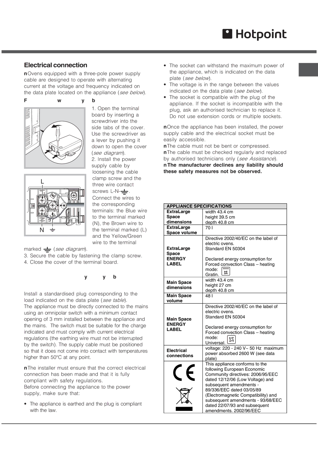 Hotpoint OS 897D C HP, OS 897D HP, OS 897D C IX, OS 897D IX manual Electrical connection, Appliance Specifications 