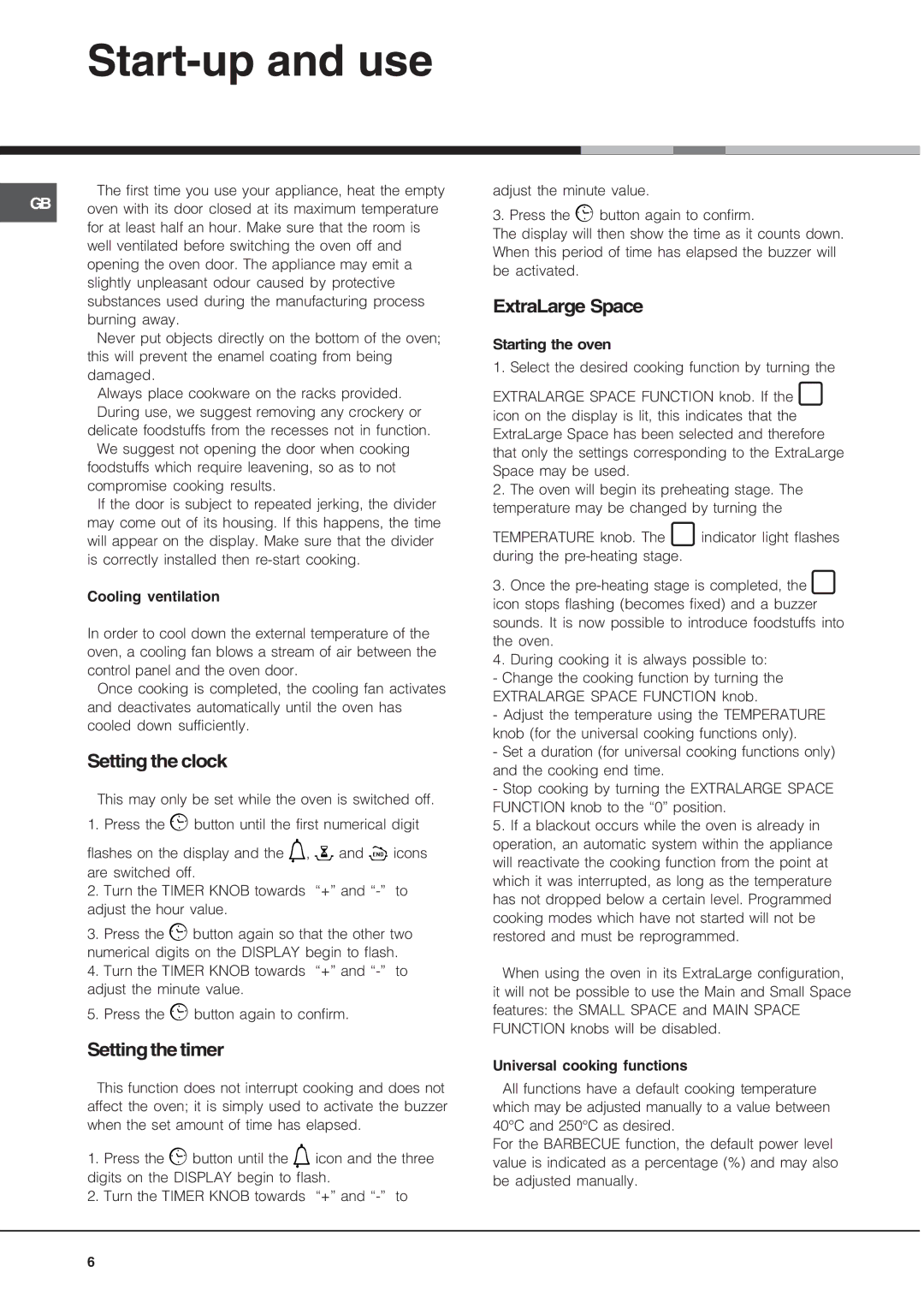 Hotpoint OS 897D IX, OS 897D HP, OS 897D C IX manual Start-up and use, Setting the clock, Setting the timer, ExtraLarge Space 
