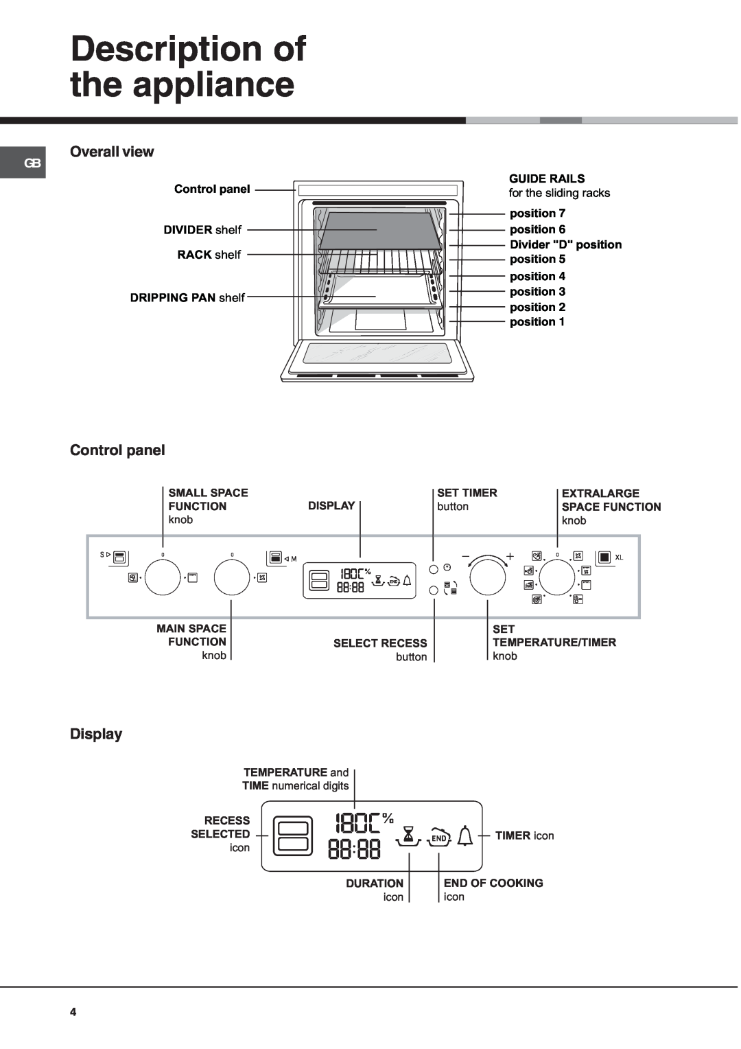 Hotpoint OS 897D HP, OS 897D C IX, OS 897D IX manual Description of the appliance, Overall view, Control panel, Display 