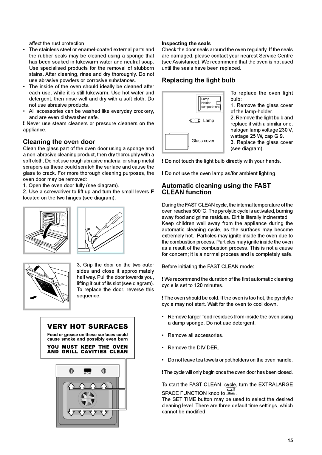 Hotpoint OS 897D P /HP S, OS 897D P IX /HP S manual Replacing the light bulb, Cleaning the oven door, Inspecting the seals 