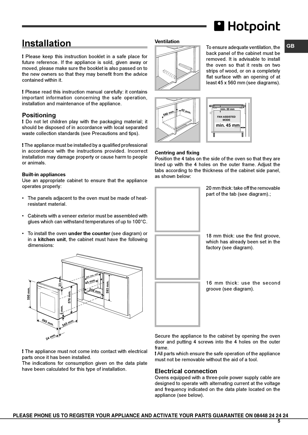 Hotpoint OS 897D P /HP S manual Installation, Positioning, Electrical connection, Built-in appliances, Centring and fixing 