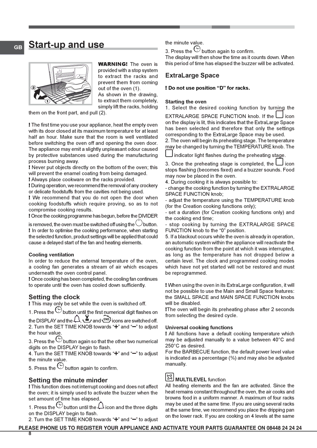 Hotpoint OS 897D P IX /HP S manual GB Start-up and use, Setting the clock, Setting the minute minder, ExtraLarge Space 