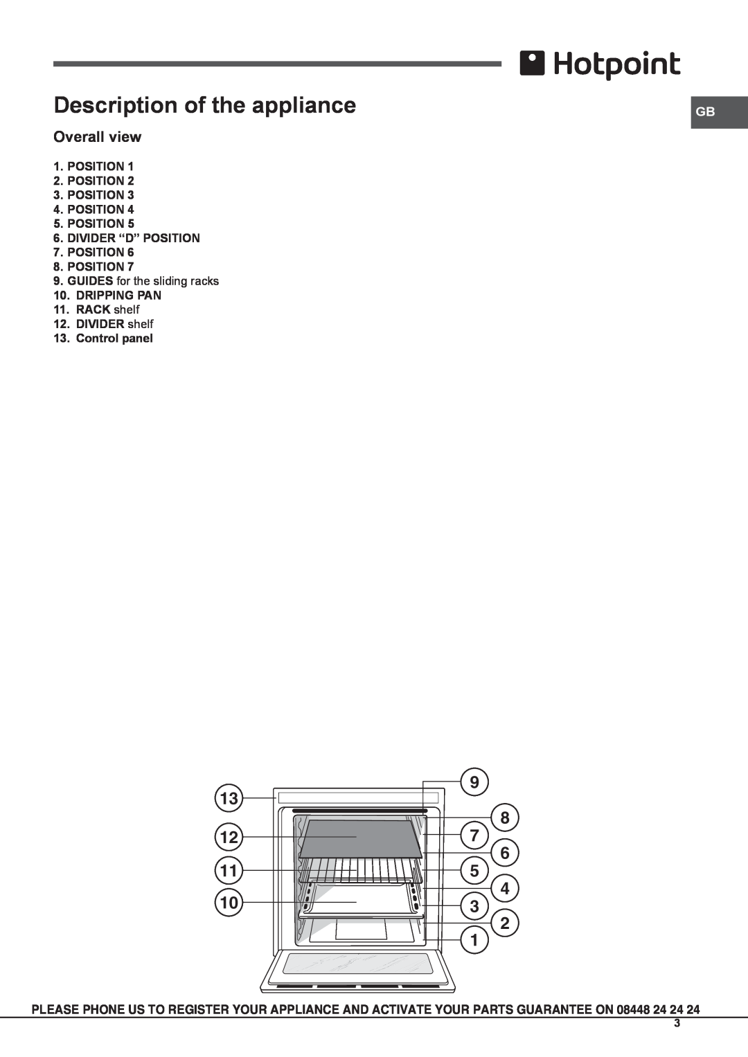 Hotpoint OS 897D P /HP S Description of the appliance, 9 8 7 6 5, Overall view, POSITION 2.POSITION 3.POSITION 4.POSITION 