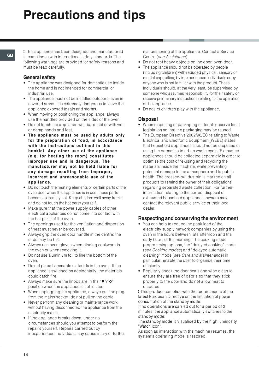 Hotpoint OS 897D P/HP manual Precautions and tips, General safety, Disposal, Respecting and conserving the environment 