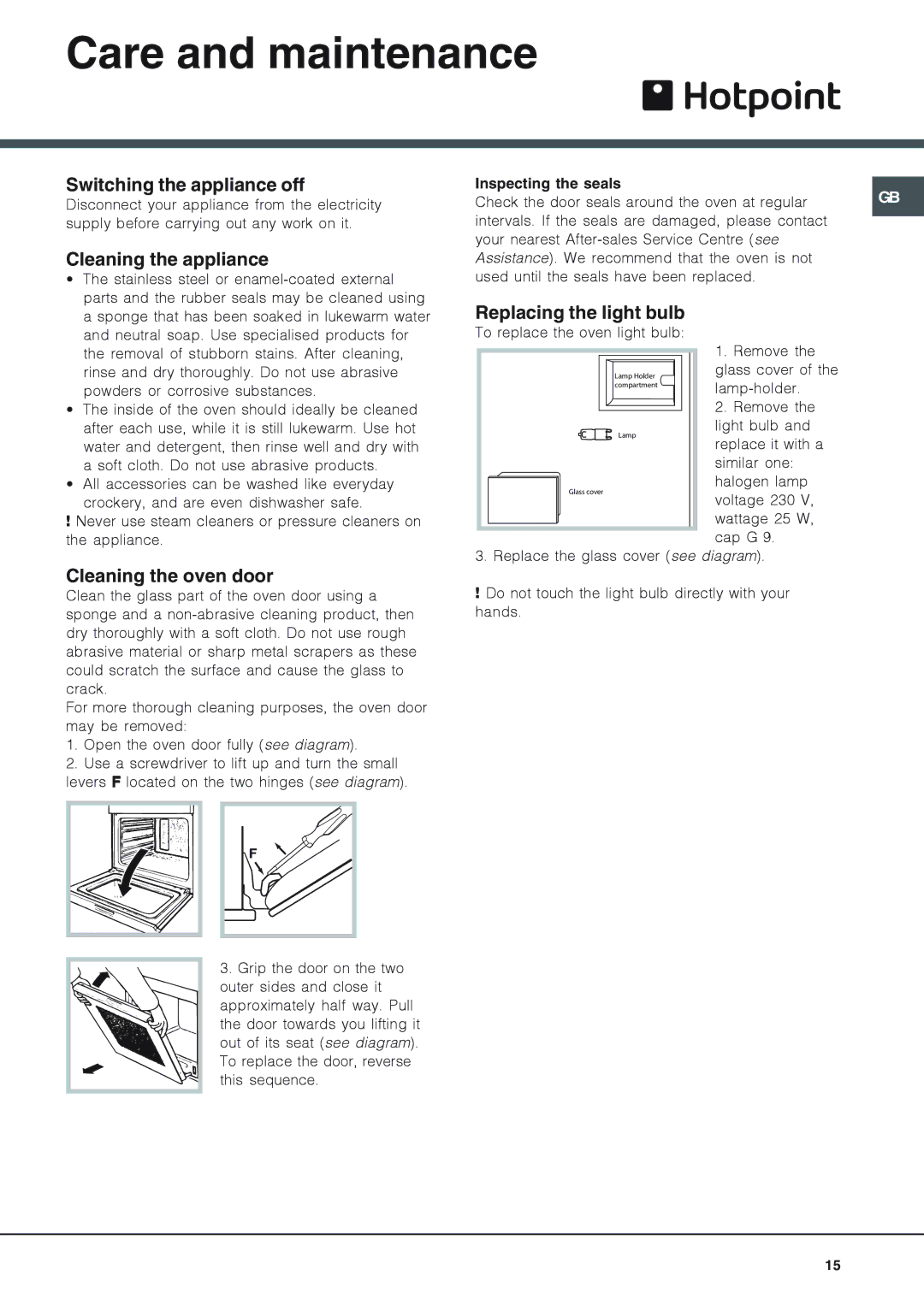 Hotpoint OS 897D P IX/HP Care and maintenance, Switching the appliance off, Cleaning the appliance, Cleaning the oven door 