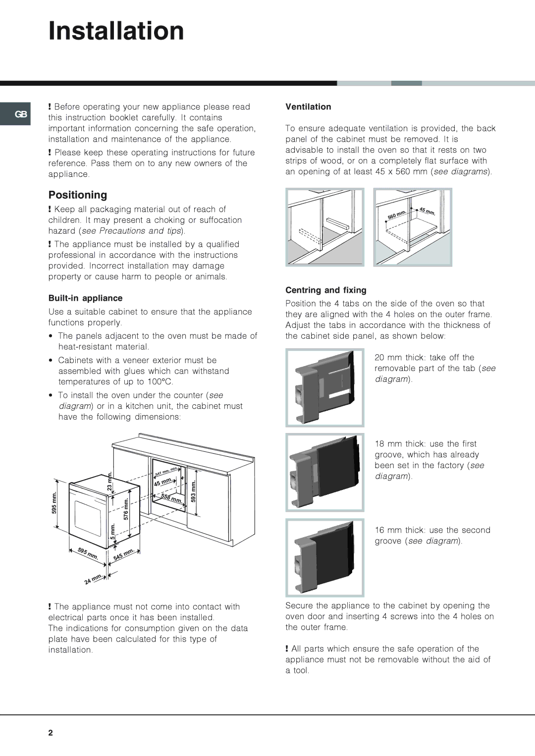 Hotpoint OS 897D P/HP, OS 897D P IX/HP Installation, Positioning, Built-in appliance, Ventilation, Centring and fixing 