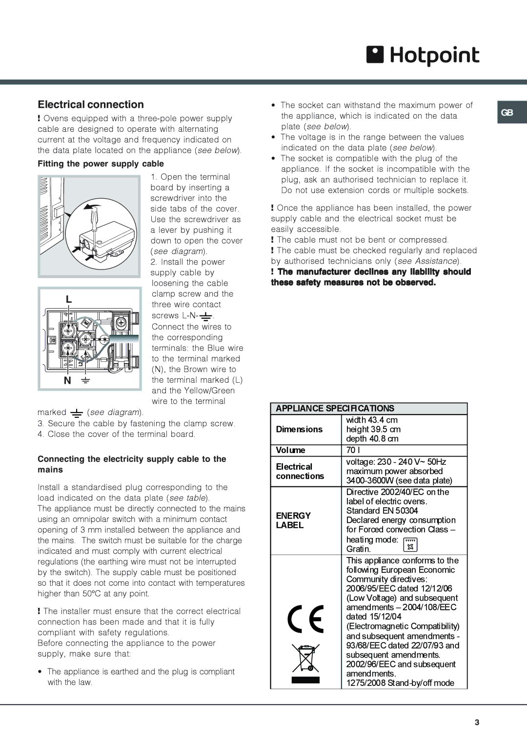 Hotpoint OS 897D P IX/HP, OS 897D P/HP manual Electrical connection 