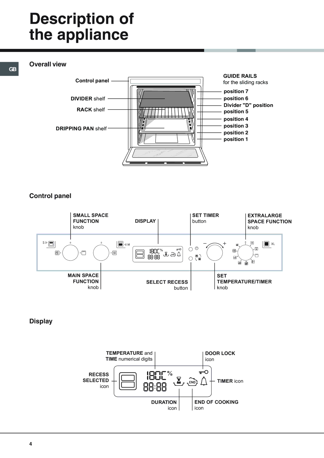 Hotpoint OS 897D P/HP, OS 897D P IX/HP manual Description of the appliance, Overall view, Control panel, Display 