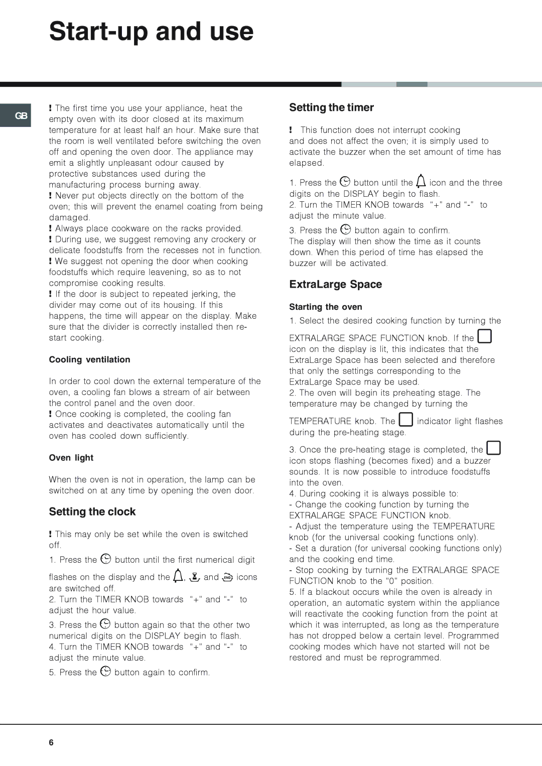 Hotpoint OS 897D P/HP, OS 897D P IX/HP manual Start-up and use, Setting the clock, Setting the timer, ExtraLarge Space 