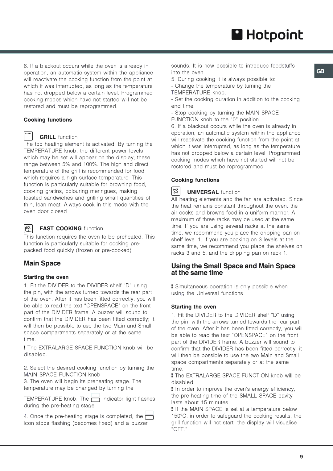 Hotpoint OS 897D P IX/HP, OS 897D P/HP manual Using the Small Space and Main Space at the same time, Cooking functions 