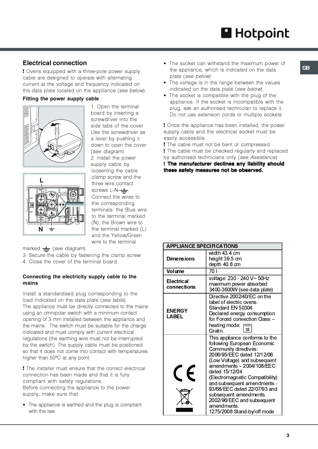 Hotpoint OS 897D P IX/HP manual Electrical connection, Fitting the power supply cable, Appliance Specifications, Dimensions 
