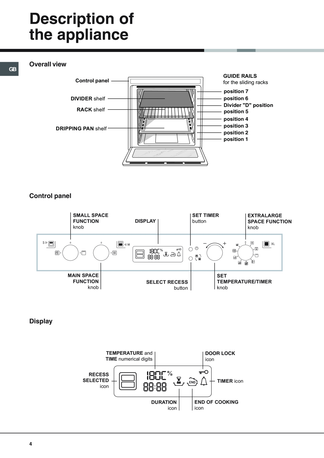 Hotpoint OS 897D P/HP manual Description of the appliance, Overall view, Control panel, Display, Guide Rails, position 