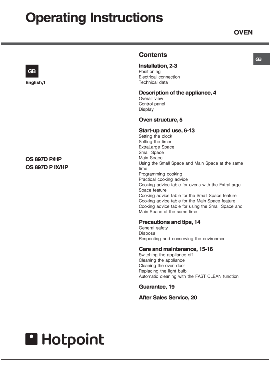 Hotpoint manual Operating Instructions, Installation, Description of the appliance, OS 897D P/HP OS 897D P IX/HP, Oven 