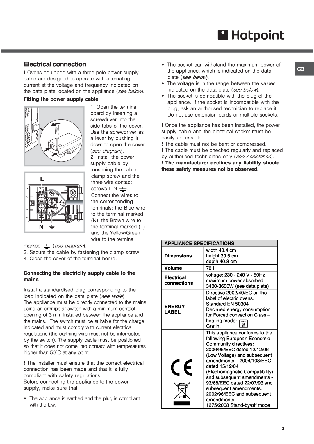 Hotpoint OS manual Electrical connection 