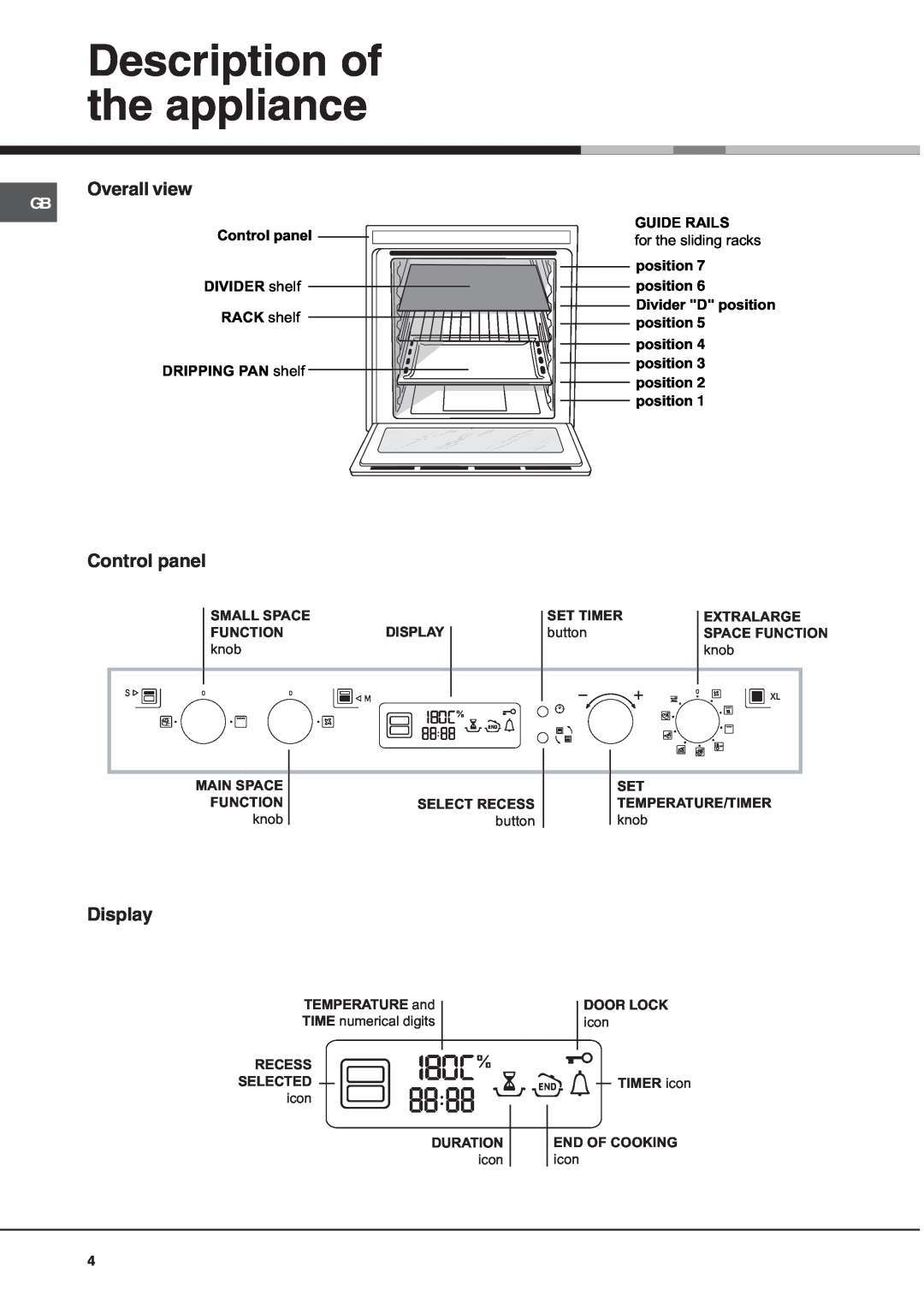 Hotpoint OS Description of the appliance, Overall view, Control panel, Display, Guide Rails, for the sliding racks, button 