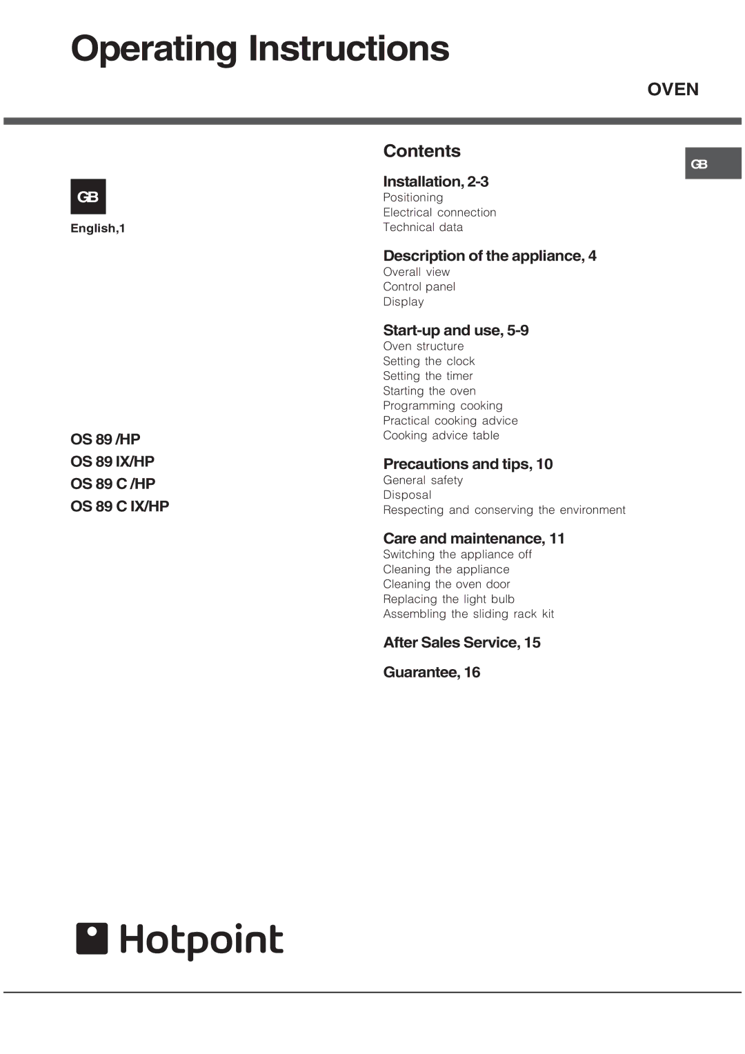 Hotpoint OS89CIX, OS89IX, OS89HP, OS89CHP operating instructions Operating Instructions, Oven 