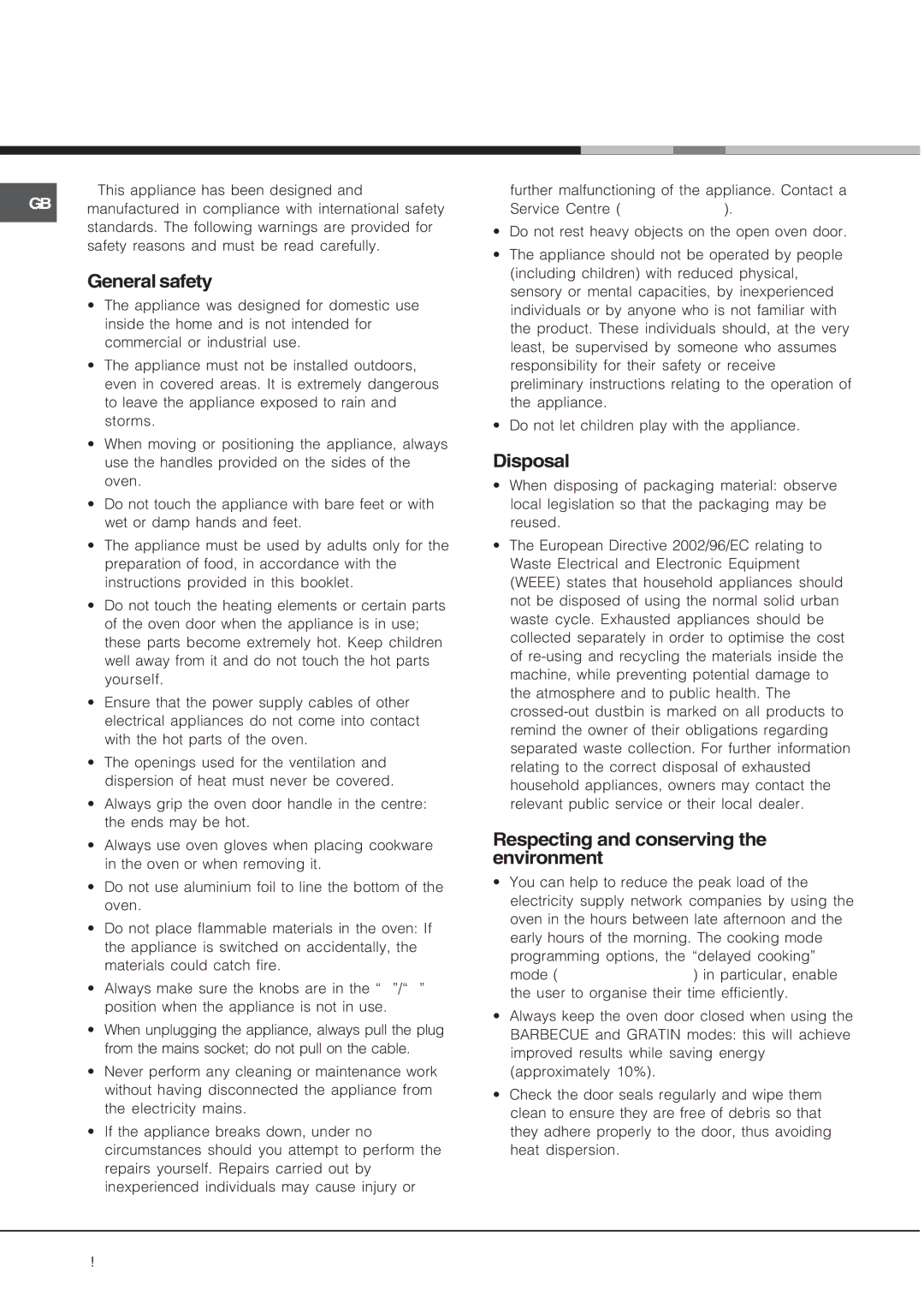 Hotpoint OS89IX, OS89CIX Precautions and tips, General safety, Disposal, Respecting and conserving the environment 