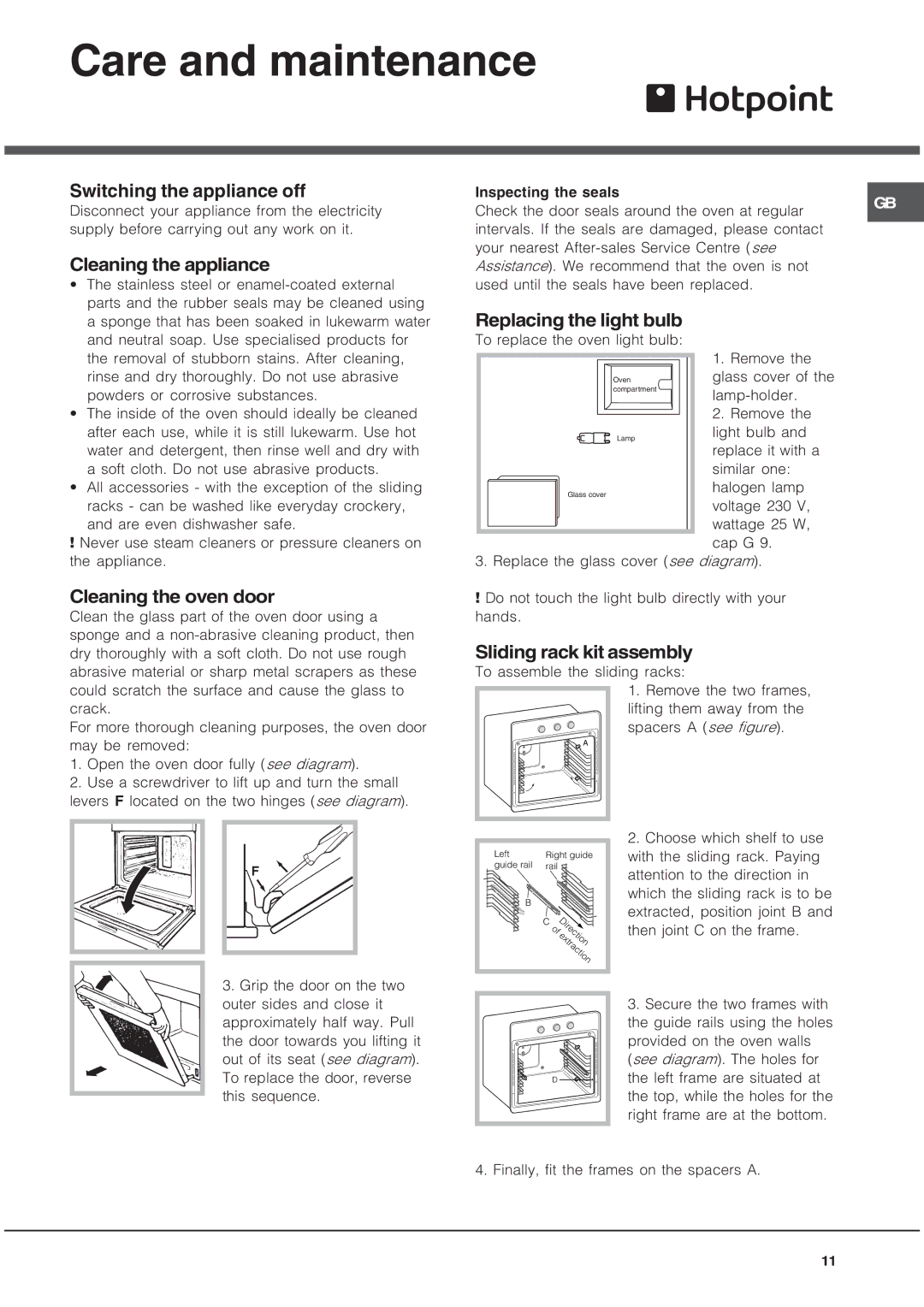 Hotpoint OS89IX, OS89CIX, OS89HP, OS89CHP operating instructions Care and maintenance 