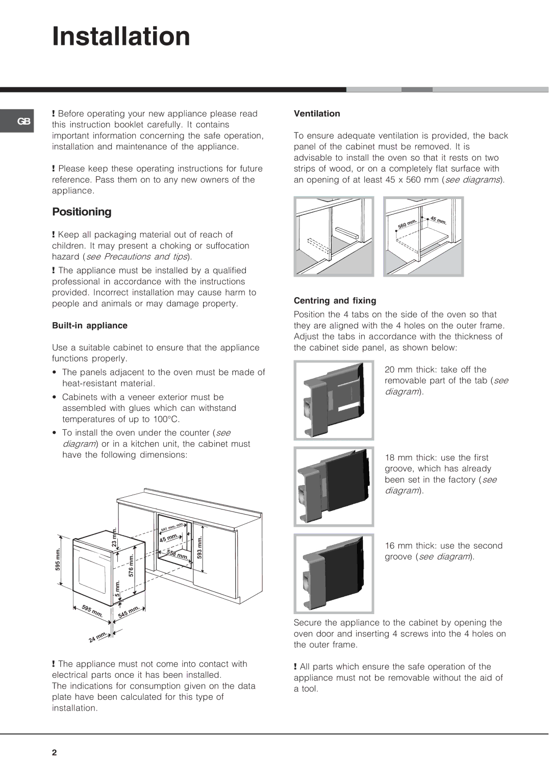 Hotpoint OS89HP, OS89IX, OS89CIX, OS89CHP operating instructions Installation, Positioning 