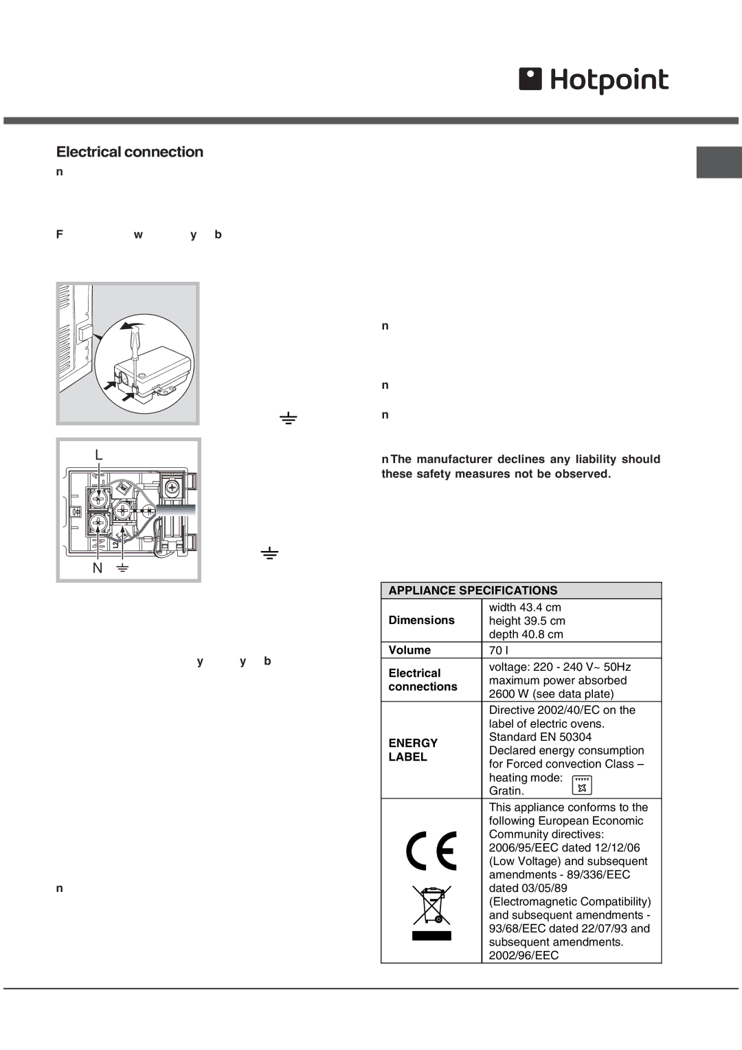 Hotpoint OS89CHP, OS89IX, OS89CIX, OS89HP operating instructions Electrical connection, Appliance Specifications 