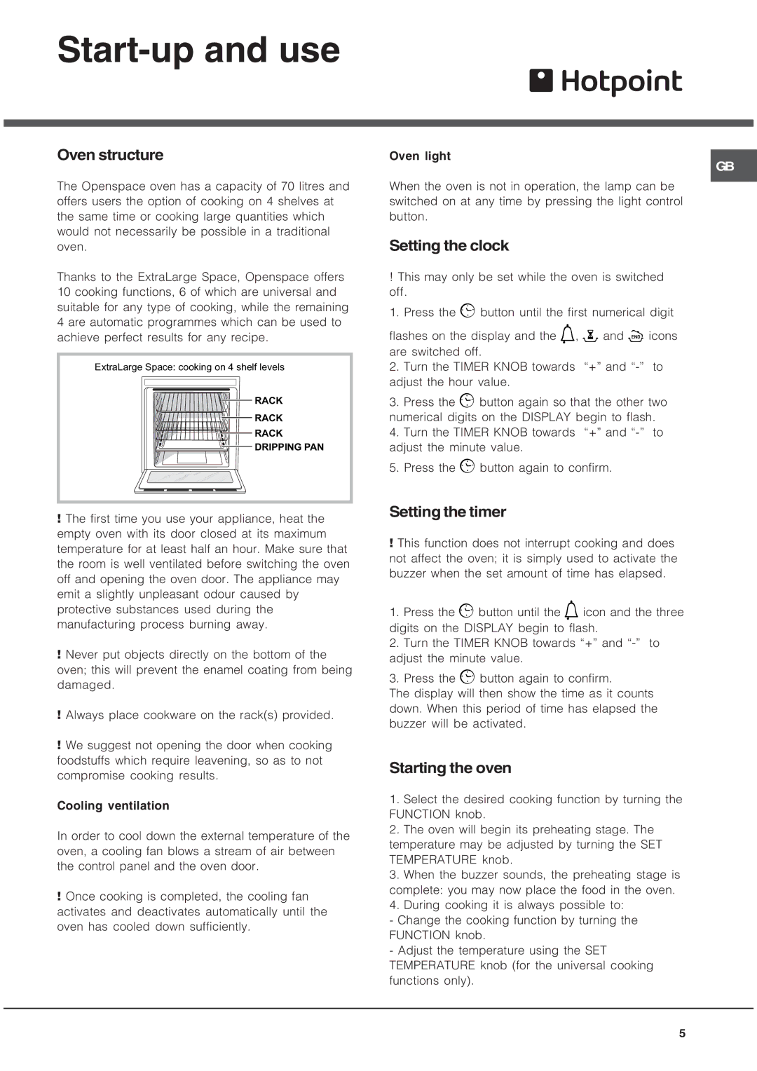 Hotpoint OS89IX, OS89CIX Start-up and use, Oven structure, Setting the clock, Setting the timer, Starting the oven 