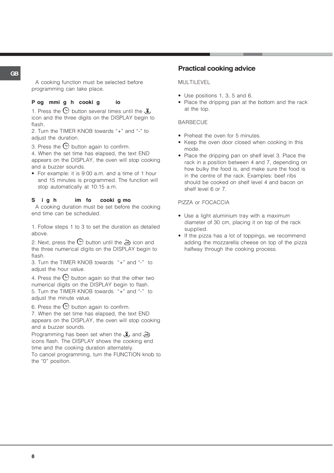 Hotpoint OS89HP, OS89IX, OS89CIX, OS89CHP operating instructions Programming cooking, Practical cooking advice 