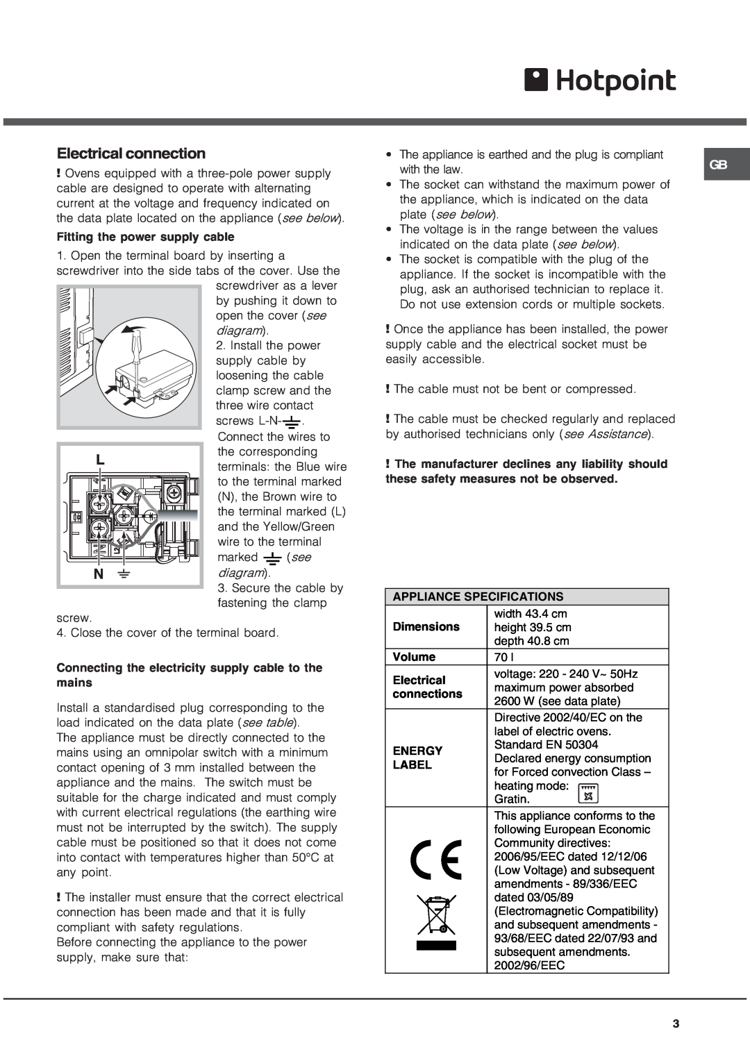 Hotpoint OS89CHP, OS89IX, OS89CIX, OS89HP operating instructions Electrical connection 