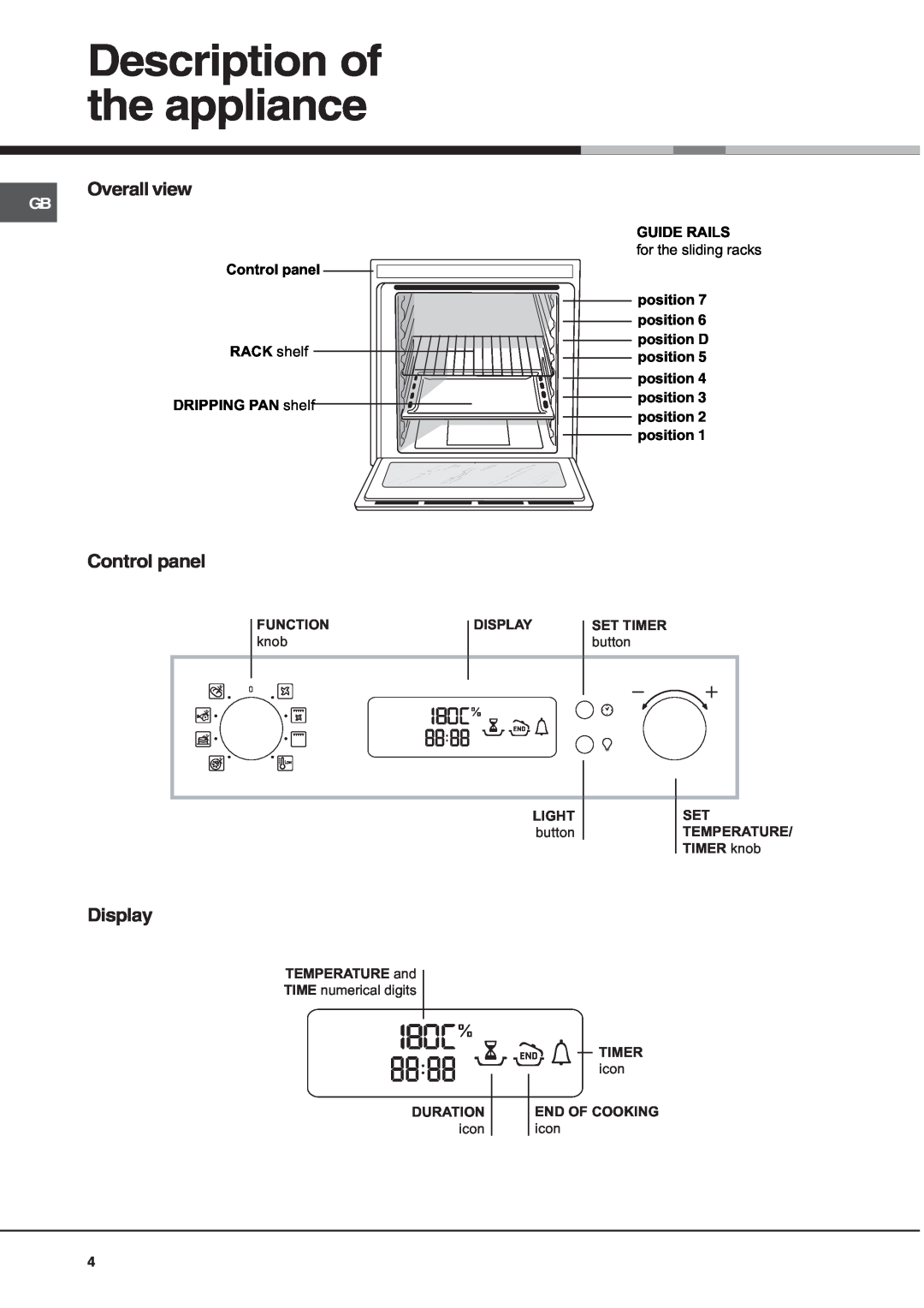 Hotpoint OS89IX, OS89CIX, OS89HP, OS89CHP Description of the appliance, Overall view, Control panel, Display 